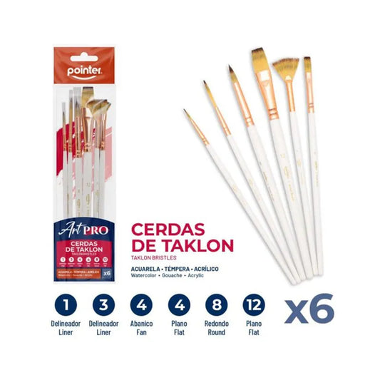 Set Pinceles x6, Cerdas de Taklon - Pointer