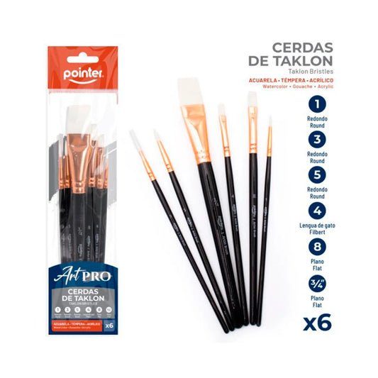 Set Pinceles x6, Cerdas de Taklon - Pointer