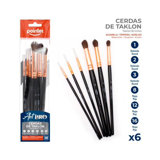 Set Pinceles x6, Cerdas de Taklon - Pointer