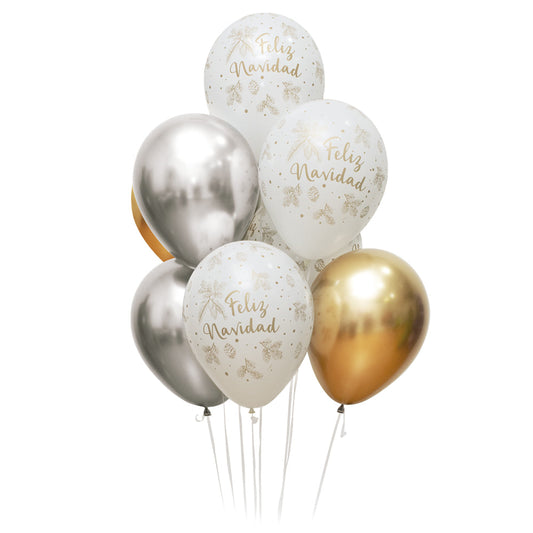 Globos r12 x8 bouquet navidad dorada Sempertex